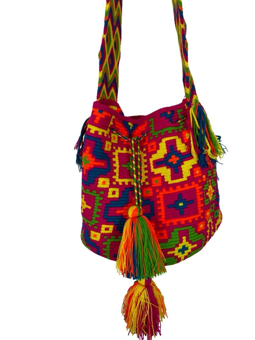 Handmade Colombian Wayuu Style  Mochila Bag Neon Woven Crossbody Tassels